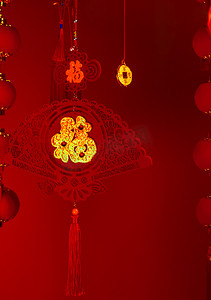 红色灯笼喜庆背景摄影照片_新年福字灯笼红色背景摄影图配图