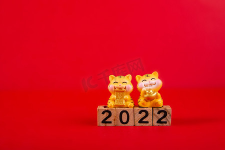 跨年2022摄影照片_春节白天卡通小老虎红色背景摆放摄影图配图