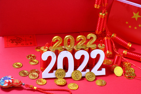 春节新春2022数字创意红色背景摄影图配图