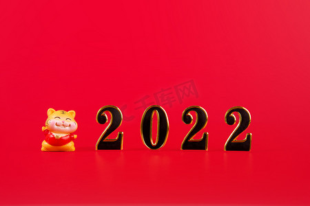 虎年新年摄影照片_过年2022红色背景摆放摄影图配图