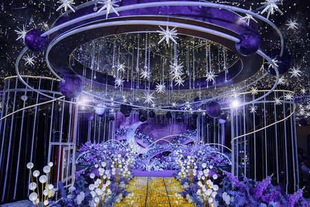 蓝紫色光条摄影照片_婚礼现场酒店紫色星空布置摄影图配图