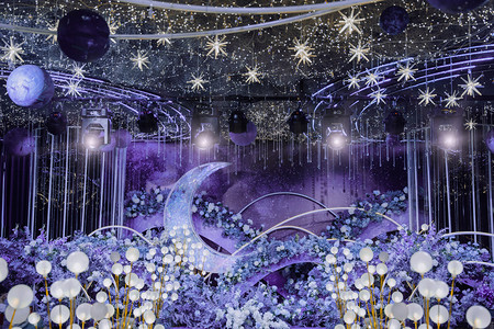 紫色星星摄影照片_婚礼背景紫色星空布置摄影图配图