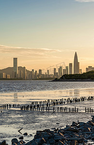 城市海景摄影照片_深圳风景深圳湾黄昏海景摄影图配图