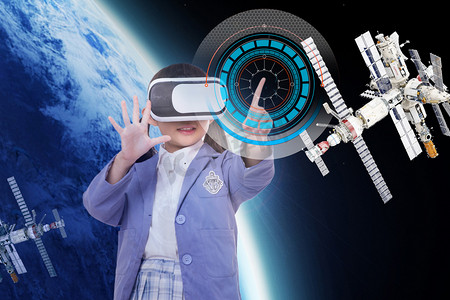 体验vr眼镜摄影照片_人工智能虚拟VR互动体验VR眼镜摄影图配图