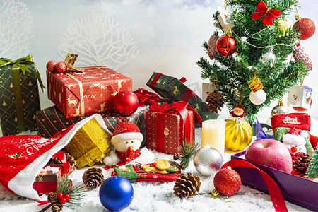 圣诞礼物场景圣诞节圣诞礼物室内静物摄影图配图
