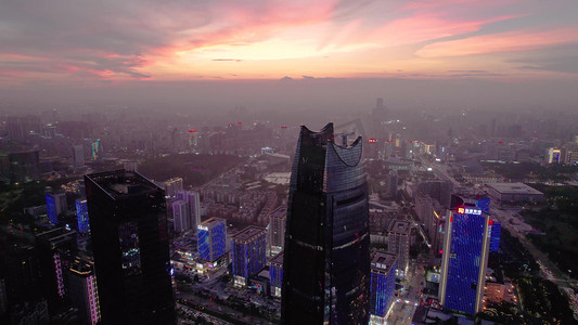 航拍东莞环球经贸中心高楼建筑晚霞日落