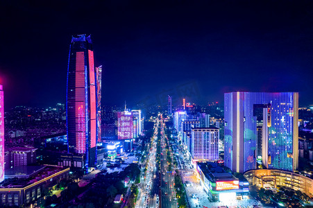 繁华城市夜景摄影照片_航拍夜晚东莞CBD市中心晚霞夜景摄影图配图