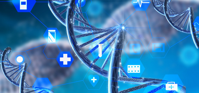 蓝色科技感背景摄影照片_C4D医学DNA概念背景科技医疗创意合成摄影图配图
