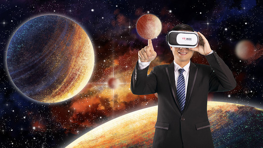 眼镜科技VR人像虚拟体验摄影图配图宇宙星空摄影图科技人像