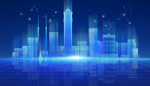 科技蓝色线条背景摄影照片_科技城市科技城市合成互联摄影图配图