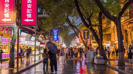 夜景西安热门景点回民街人来人往