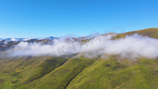 云雾缭绕摄影照片_航拍青藏高原清晨云雾缭绕山脉风景