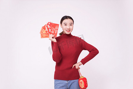 春节人像虎年春节春节过年红包摄影图配图