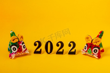 新春2022摄影照片_春节白天布老虎黄色背景摆放摄影图配图