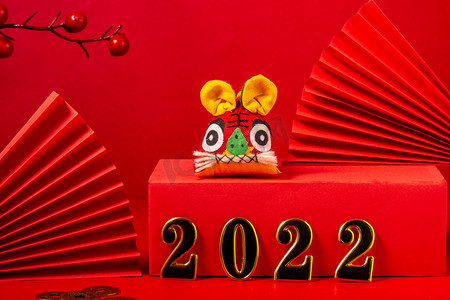 春节2022摄影照片_春节白天布老虎红色背景摆放摄影图配图
