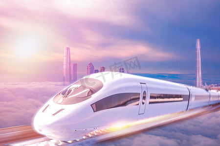 火车卡通动图摄影照片_高铁城市创意云端行驶摄影图配图