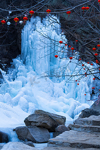 冰瀑摄影照片_冬天雪景白天挂在树枝上的小灯笼户外无摄影图配图