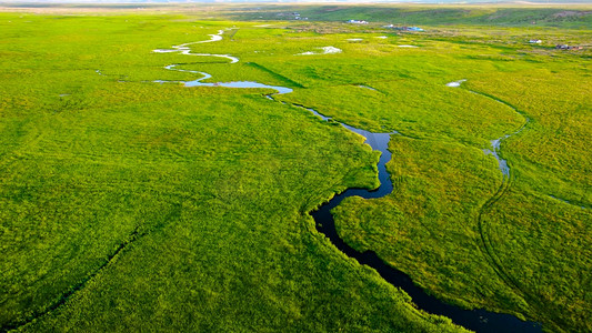 草原旅游摄影照片_内蒙古航拍夕阳下的碧绿草原及河流