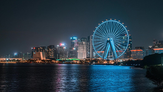 手绘摩天轮摄影照片_深圳前海CBD欢乐港湾摩天轮夜景灯光