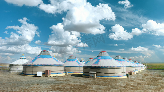 草原蒙古包蓝天白云下午蒙古包春季素材摄影图配图