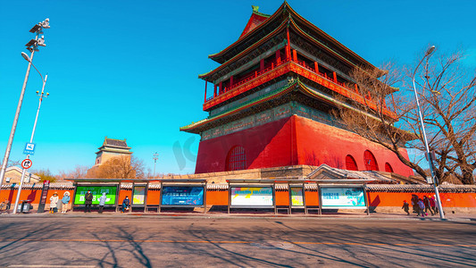 北京文物古迹晴朗阳光鼓楼