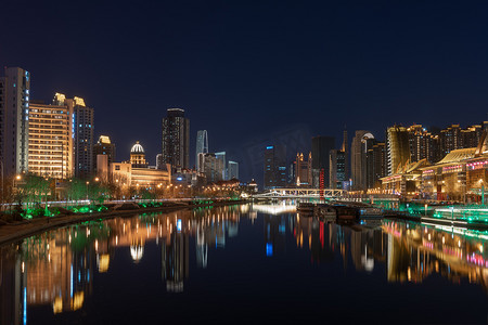 天津海河边的城市建筑夜景摄影图配图