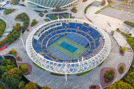 乒乓球招新摄影照片_武汉城市建筑白天建筑体育馆俯拍摄影图配图