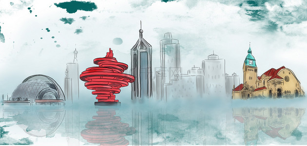 青岛建筑物墨绿色水墨背景