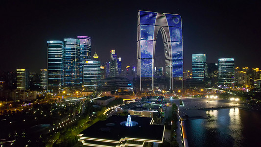 城市夜景苏州地标东方之门航拍
