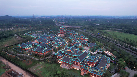 航拍南京市古风建筑金陵小镇夜景