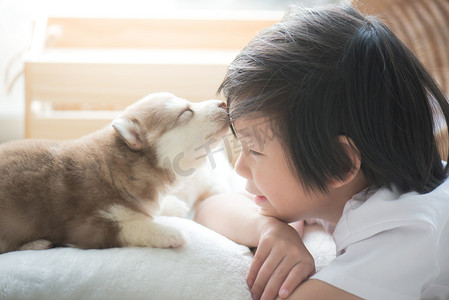人像摄影照片_亚洲儿童和西伯利亚哈士奇犬小狗一起玩