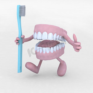 牙科卡通牙齿摄影照片_打开义齿卡通与武器、 腿和 tootbrush