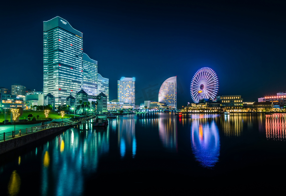 横滨在横滨港区未来街区滨水区景观的夜景 高清摄影大图 千库网