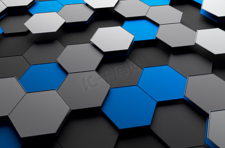 蓝色雪花六角挂饰摄影照片_抽象的 3d 渲染的未来派表面有六角.