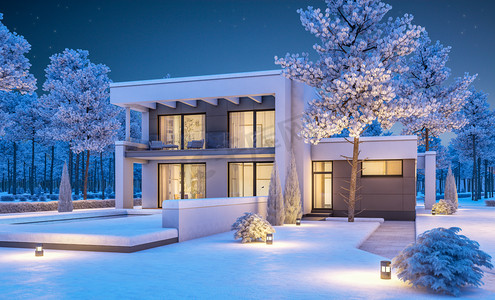 白雪房子摄影照片_现代冬季房子晚上的 3d 渲染