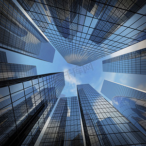 蓝色商务几何背景摄影照片_对钢的淡蓝色的全景和透视图广角视图 