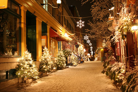 动漫路灯摄影照片_圣诞夜在魁北克市