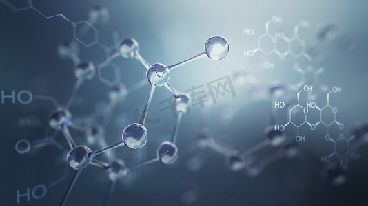 蓝色鎏金背景摄影照片_分子模型的三维图。原子与分子科学背景