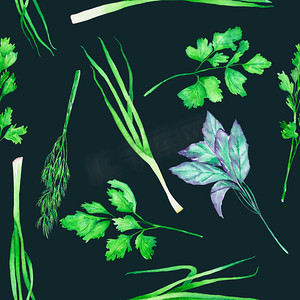A seamless pattern with the watercolor spices: onion green, dill, parsley, cilantro and basil