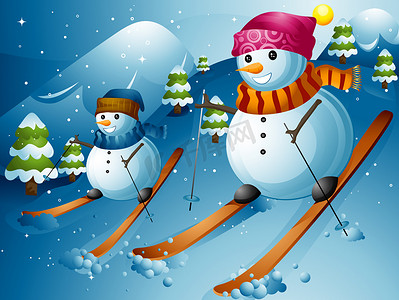 冬季卡通动物摄影照片_雪人滑雪