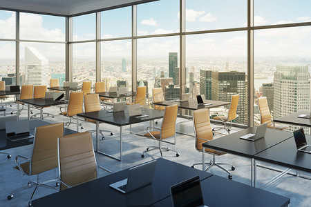 modern摄影照片_Workplaces in a modern corner panoramic office, New York city view, Manhattan. Open space. Black tables and brown leather chairs. A concept of financial international services. 3D rendering. Toning.