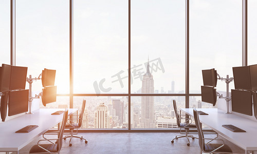 A modern trader's workplaces in a modern panoramic office in New York city. A concept of financial market culture. A sunset. 3D rendering. Toned image.