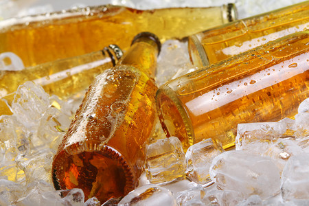 广告招聘展架摄影照片_瓶啤酒躺在冰
