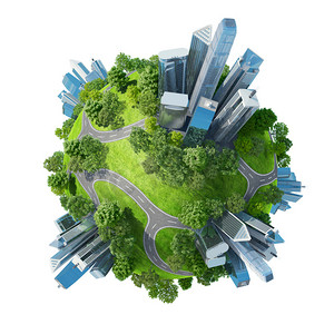 绿色金融摄影照片_绿色概念迷你星球公园的摩天大楼和道路