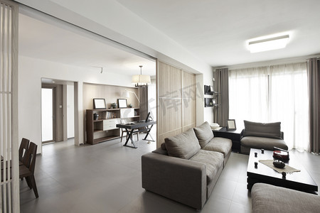 绿色窗帘摄影照片_优雅、 舒适的家居室内，客厅