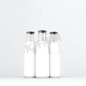 三杯瓶牛奶黑盖。前视图。灰色的背景。产奶的概念。3d 渲染.