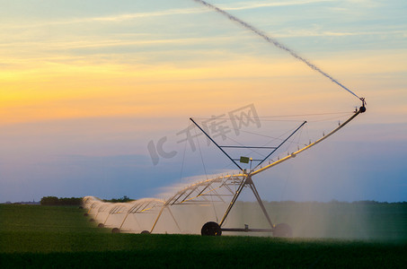 工作收获摄影照片_在日落时麦田灌溉系统