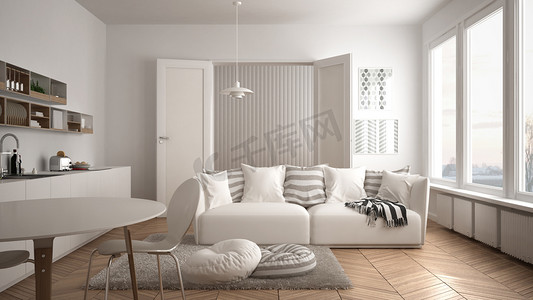 斯堪的纳维亚现代客厅与厨房, 餐桌, 沙发和毯子枕头, 简约白色建筑室内设计