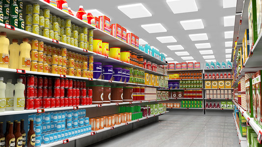 食品商务摄影照片_超市货架上摆满各种产品与内政.