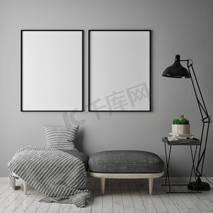 创意照片墙模板摄影照片_小样在时髦室内背景、 斯堪的纳维亚风格、 3d 渲染的海报帧
